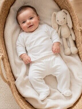 Hug Me First White Pima Cotton Newborn Set | Footed Pants & Wrap Top | NB